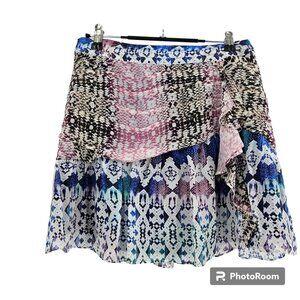 Ramy Brook Skirt Blue Pink Renly Animal Print Silk Tiered Overlay Mini Size 0